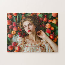 Woman with peaches and cherries