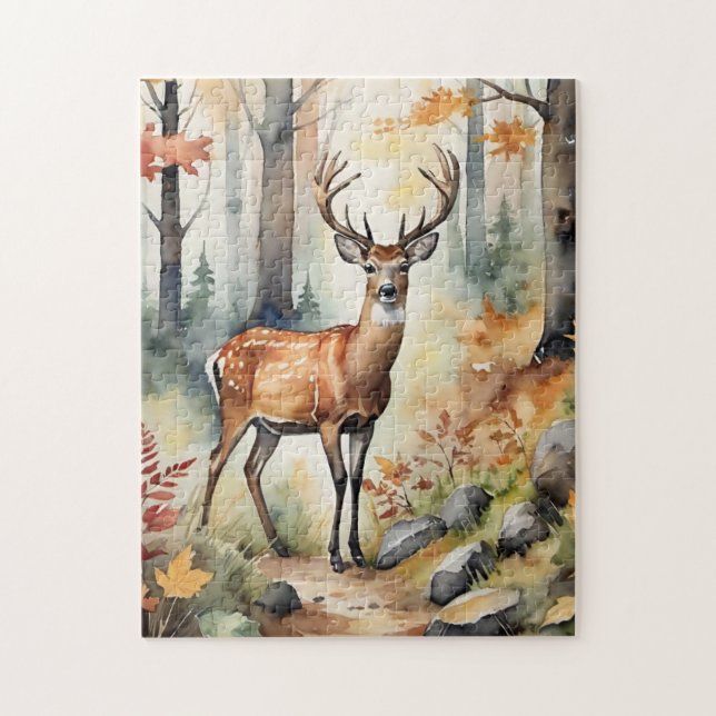 Quebra-cabeça Woodland Deer Watercolor Fox Fall Autumn (Vertical)