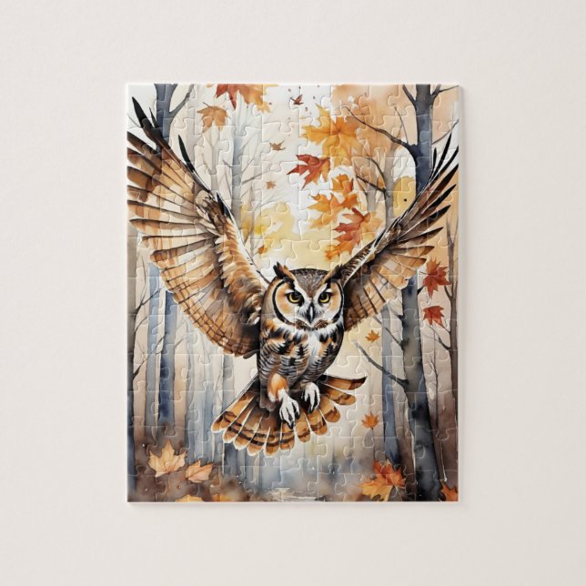 Quebra-cabeça Woodland Forest Watercolor Owl Fall Animal (Vertical)