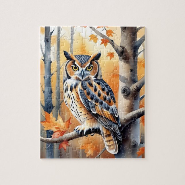 Quebra-cabeça Woodland Forest Watercolor Owl Fall Animal (Vertical)
