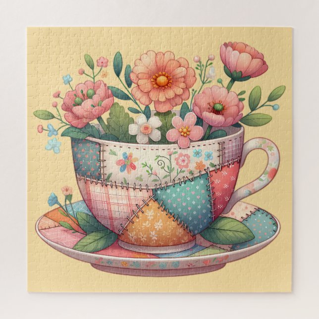 Quebra-cabeça Xícara de Chá em Patchwork com Flores Caprichosas (Vertical)