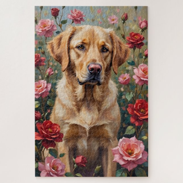 Quebra-cabeça Yellow Labrador Dog Valentine's Day Rose Field (Vertical)