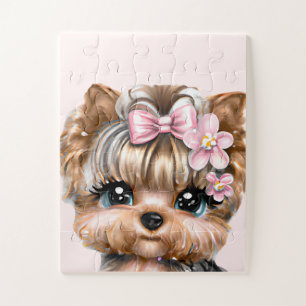 Quebra-cabeça Yorkie bonito com um Arco rosa