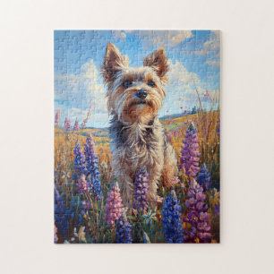 Quebra-cabeça Yorkie Terrier Flores De Lupão Roxo