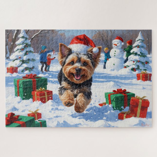Quebra-cabeça Yorkipoo Correndo na Neve com Chapéu de Natal (Horizontal)