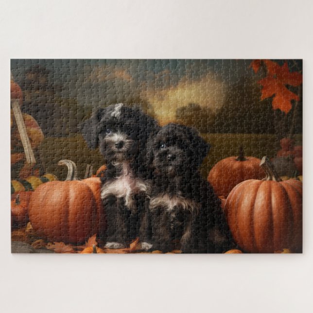 Quebra-cabeça Yorkipoo Puppy Autumn Delight Pumpkin (Horizontal)