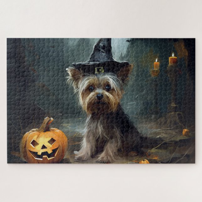 Quebra-cabeça Yorkshire Terrier Abóboras Dia das Bruxas Assustad (Horizontal)