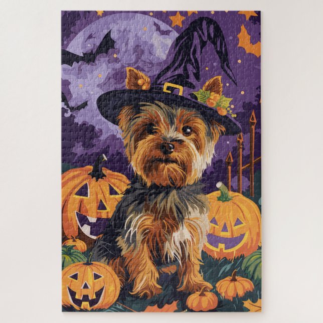 Quebra-cabeça Yorkshire Terrier Cão Dia das Bruxas Bruxa e Abóbo (Vertical)
