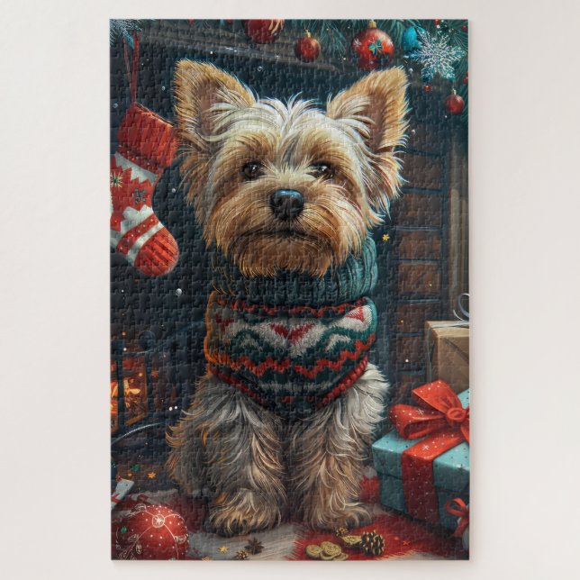 Quebra-cabeça Yorkshire Terrier Com Presentes de Natal na Lareir (Vertical)
