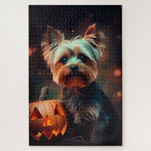 Quebra-cabeça Yorkshire Terrier de Halloween com Abóboras Assust (Vertical)