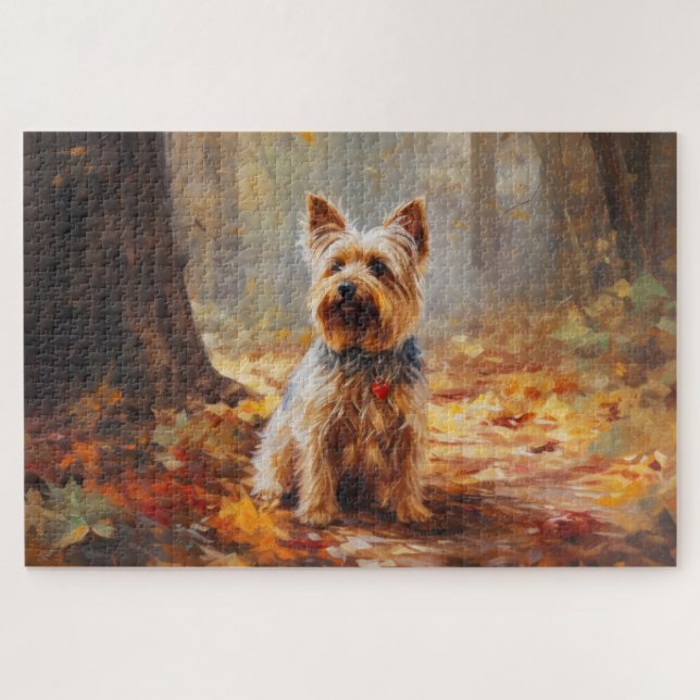 Quebra-cabeça Yorkshire Terrier em Autumn Leaves Cai Inspire (Horizontal)