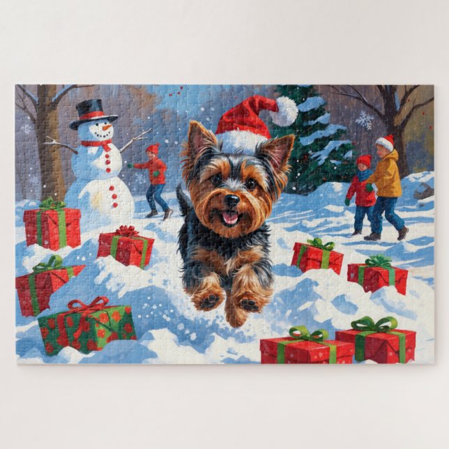 Quebra-cabeça Yorkshire Terrier em neve com chapéu de Natal (Horizontal)