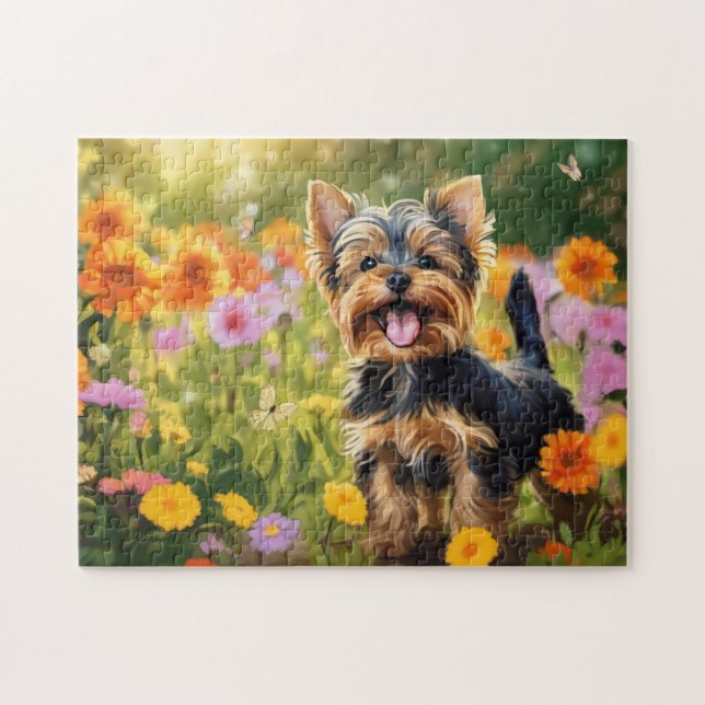 Quebra-cabeça Yorkshire Terrier Pup em Flower Field (Horizontal)