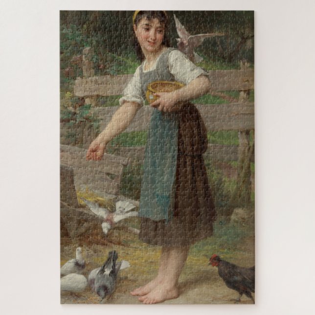 Quebra-cabeça Young Girl Feeding the Doves (por Émile Munier) (Vertical)