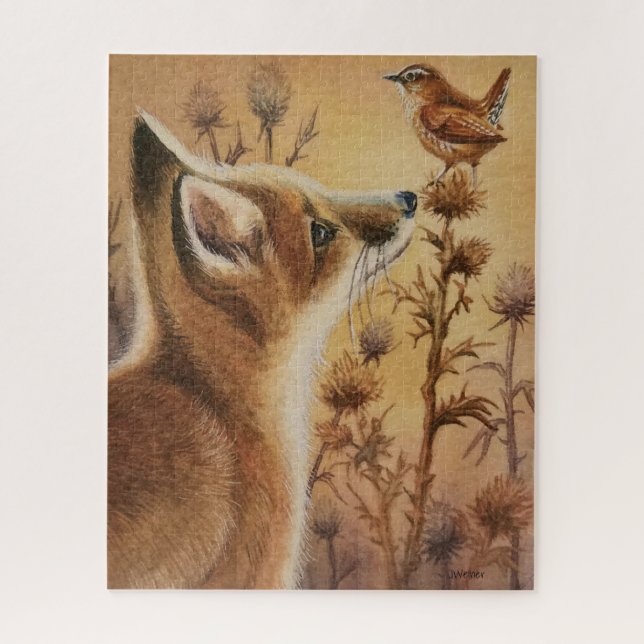 Quebra-cabeça Young Red Fox & Carolina Wren Watercolor Art (Vertical)