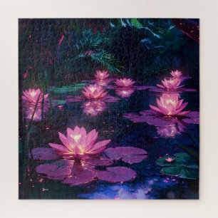 Quebra-cabeça Zen à Meia-Noite Natureza Rosa Lago de Lótus