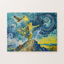Zeus on Stormy Rocks with Lightning Bolt and Eagle