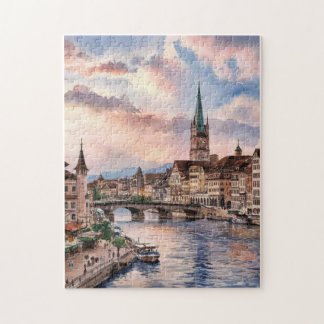Quebra-cabeça Zurich Switzerland Watercolor Painting