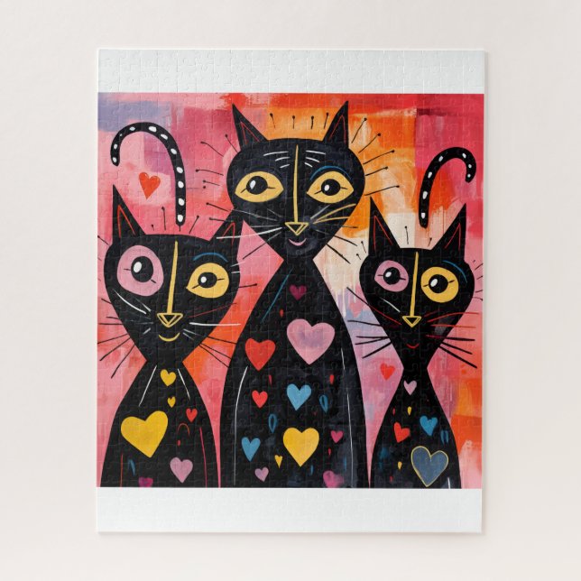 Quebra-cabeças Gato Corações Vermelhos Feliz Dia d (Vertical)