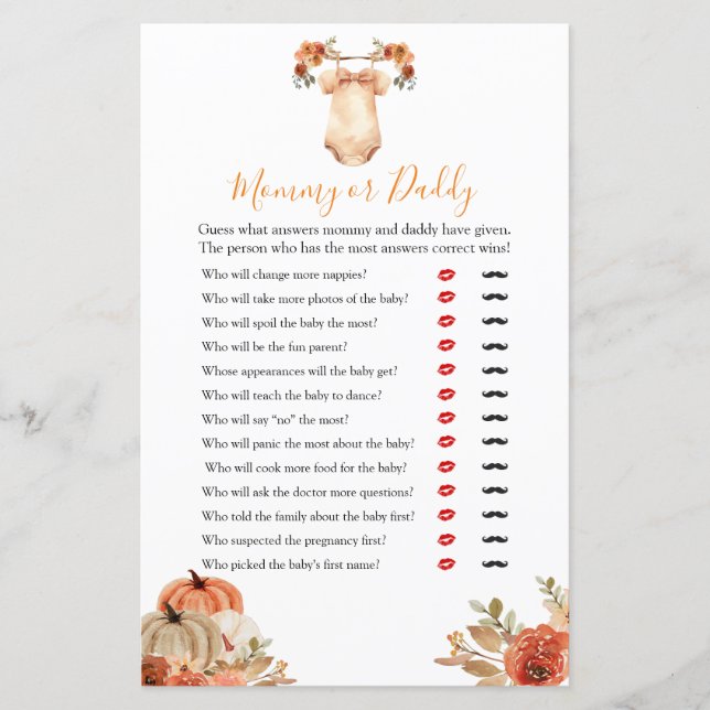 Queda Abóbora Pumpkin Floral Bebê Mamãe ou Pai (Frente)