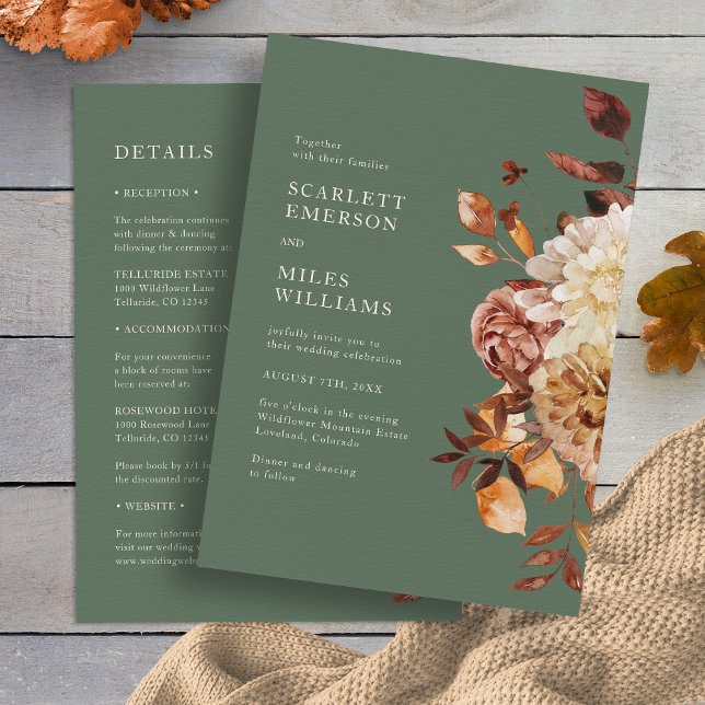 Queda Elegante Tudo Em Um Convite De Casamento (Elegant Fall Sage Green Taupe All In One Wedding Invitation by Painted Paperie
)