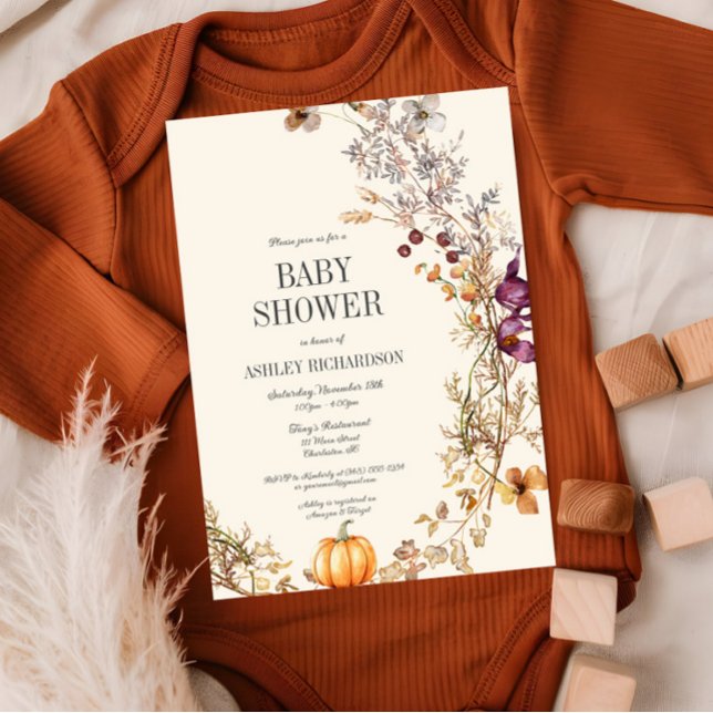 Queda Floral Pumpkin Boho Chá de fraldas Convite (Fall Wildflower Baby Shower Invitation, Pumpkin Invite, Mustard Yellow, Ivory, Autumn)