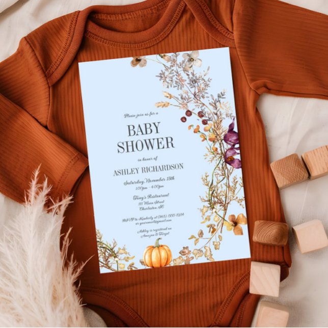 Queda Floral Pumpkin Boho Chá de fraldas Convite (Fall Pumpkin Floral Baby Shower Invitation, Baby Blue Shower Invite, Wildflowers, Autumn )