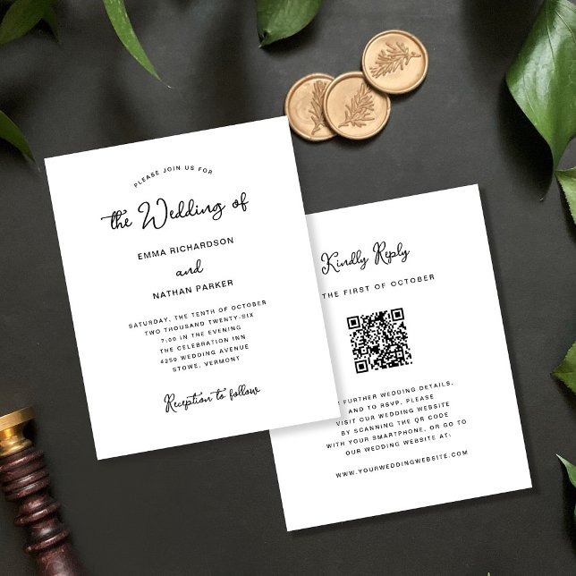 Queijo branco doce | Código QR RSVP Orçamento Casa (An elegant, black and white budget wedding invitation with scannable QR code to rsvp)