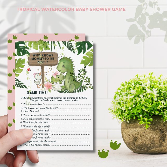 Quem Conhece Melhor a Futura Mamãe? Cartão de Bebê (Who Knows Mommy-to-be Best? Girl Dino Baby Shower Game)