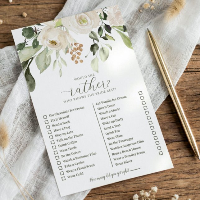 Quem Conhece Melhor a Noiva Jogo de Chuveiro Quem  (Bridal shower game - Would she rather - White watercolor floral sage greenery)