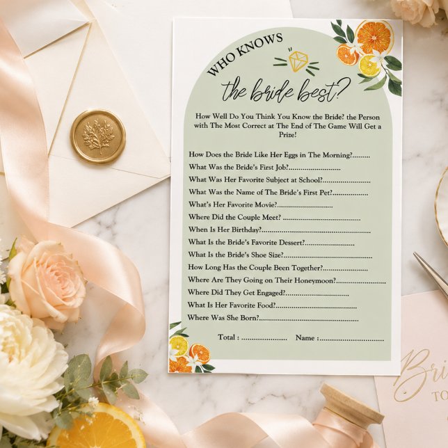 Quem Conhece os Melhores Jogos de Festa de Chá de  (Who Knows the Best Bridal Shower Party Games, lemon greenery watercolor main squeeze)