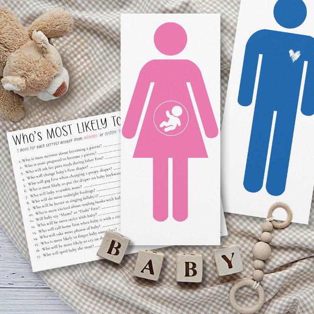 Quem é Mais Provável Cartão de Mamãe para Chá de B (Funny Who's Most Likely To mommy-to-be fun couples shower game pink female stick figure answer card)
