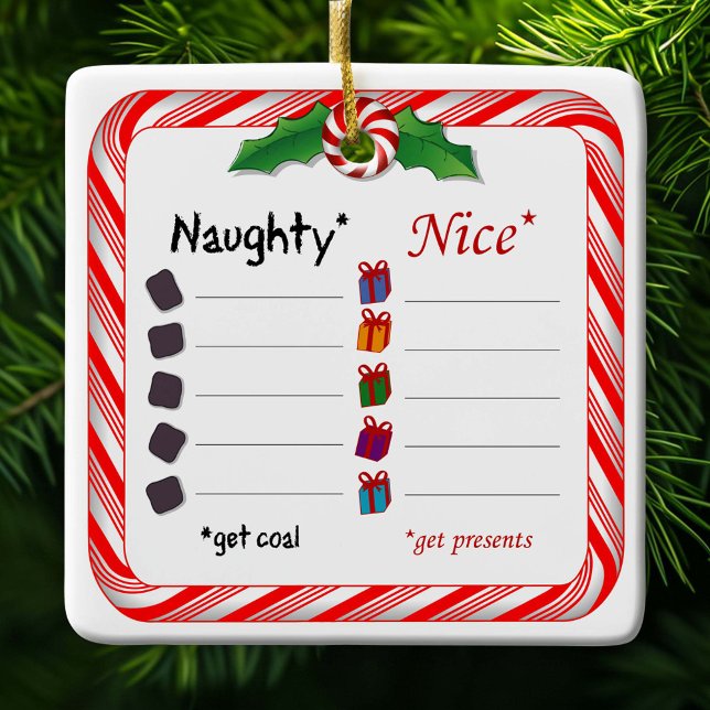 Quem é malvado ou bom ornamento (Who's Naughty or Nice Ceramic Ornament. Customize your message. )
