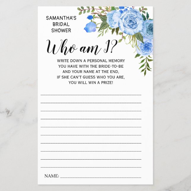 Quem sou eu? Cartão de Jogo Espanhol para chá de p (Frente)