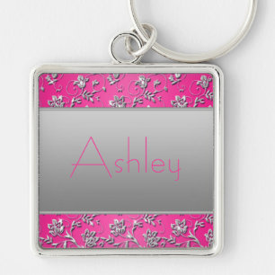 Quente Rosa e Silver Floral Chaveiro com Nome