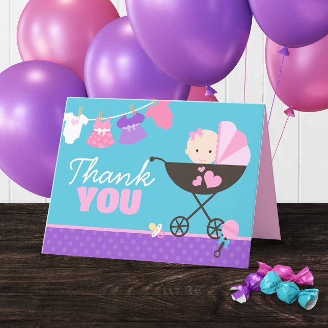 Querida Boneca Dobra Obrigado Cartões (Baby Doll Birthday Folding Thank You Card. Also works great for a girl baby shower!)