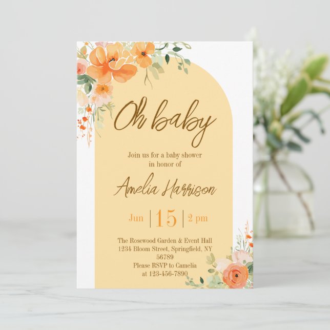 Querida! Convite para Chá de fraldas Floral Elegan (Em pé/Frente)