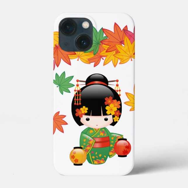 Quimono Verde Outono Boneca Kokeshi Folhas de Bord (Verso)