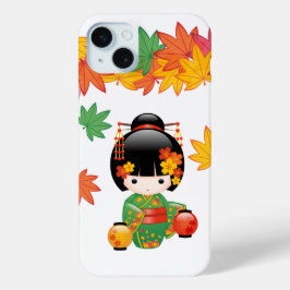 Quimono Verde Outono Boneca Kokeshi Folhas de Bord