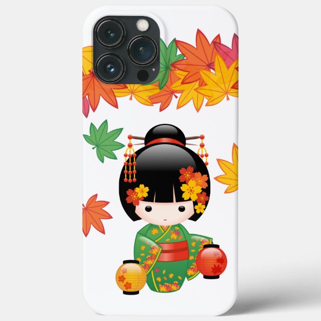 Quimono Verde Outono Boneca Kokeshi Folhas de Bord (Verso)