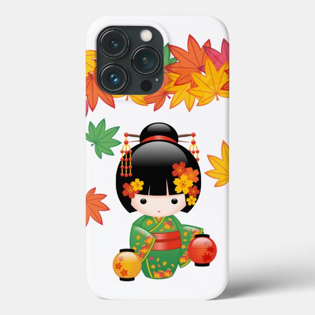 Quimono Verde Outono Boneca Kokeshi Folhas de Bord (Verso)