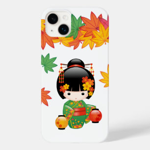 Quimono Verde Outono Boneca Kokeshi Folhas de Bord