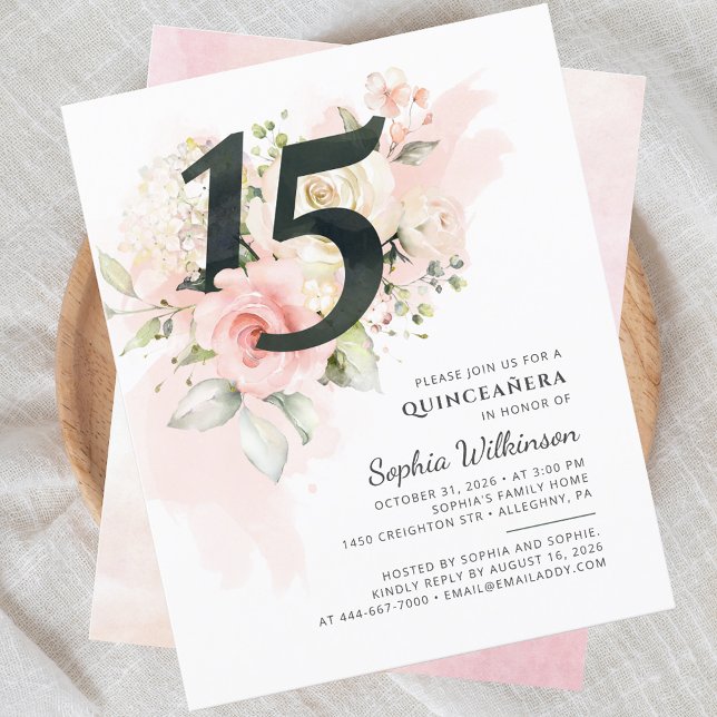 Quinceanera 15 Birthday Convite de festas (Quinceanera Floral Pink Botanical 15th Birthday Party Invitation)