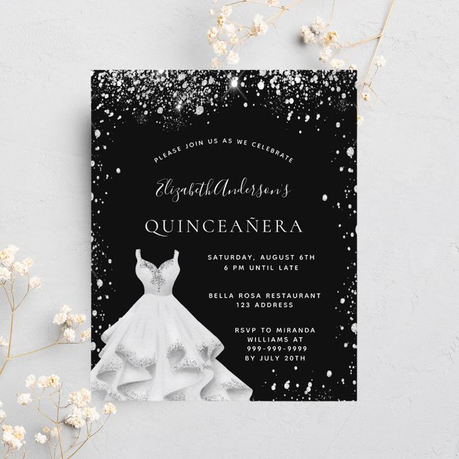 Quinceanera Black prata gliter convite para vestir (Criador carregado)