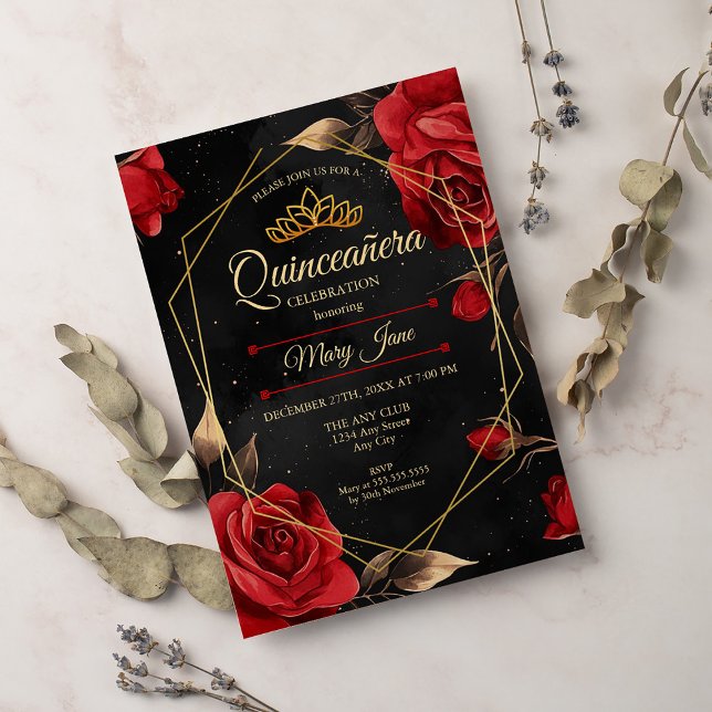 Quinceanera Black Red Dourado Convite (Criador carregado)