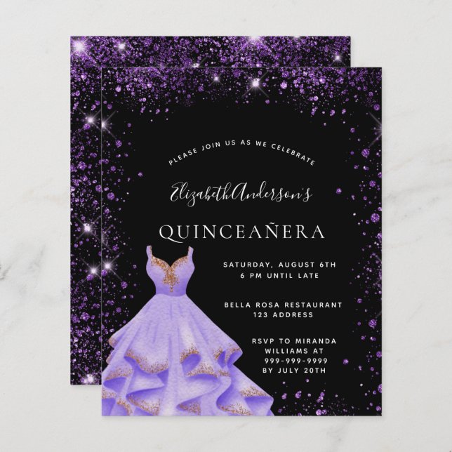 Quinceanera Black rople gliter convite para vestir (Frente/Verso)