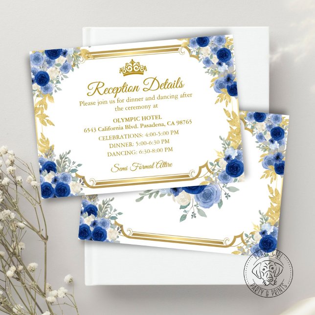 Quinceanera Blue Gold Floral Enclosure Card (Criador carregado)