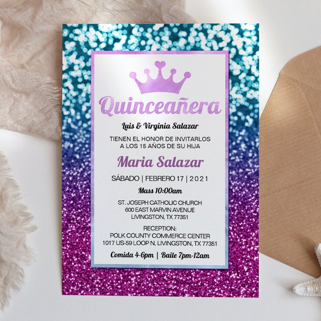 Quinceañera Blue Purple Elegant Convite Espanhol (Criador carregado)