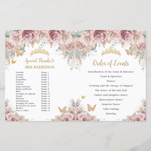 Quinceañera Blush Floral Pampas Padrinos (Verso)