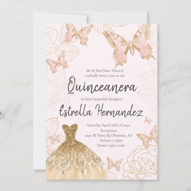 Quinceanera, Borboleta Rosa e Dourada, Convite (Frente)